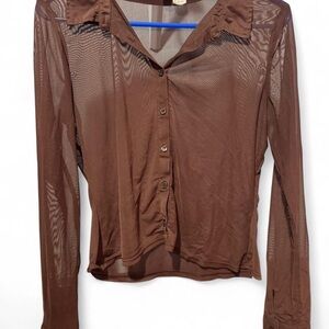 Brown mesh Sheer Button-Up Women's Top